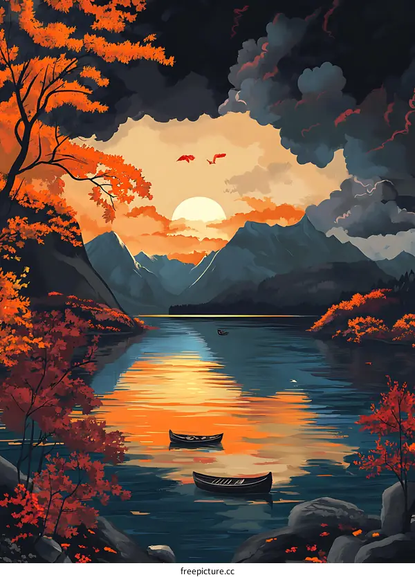 Autumn Landscape with Mountains, Lake, and Boats