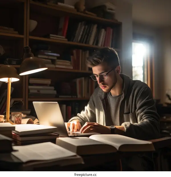 Young male student studying in a library surrounded by books
