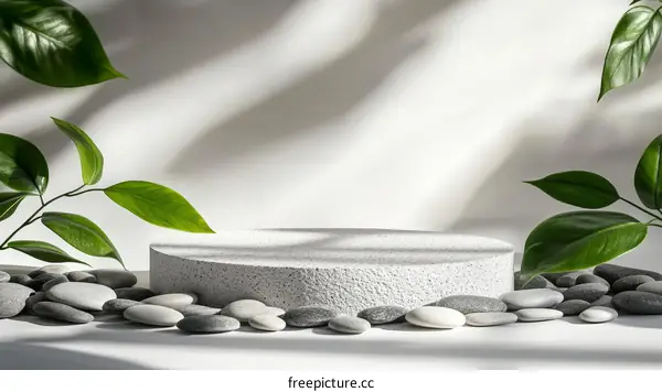 Abstract Minimalist Display Podium with Stones and Plants