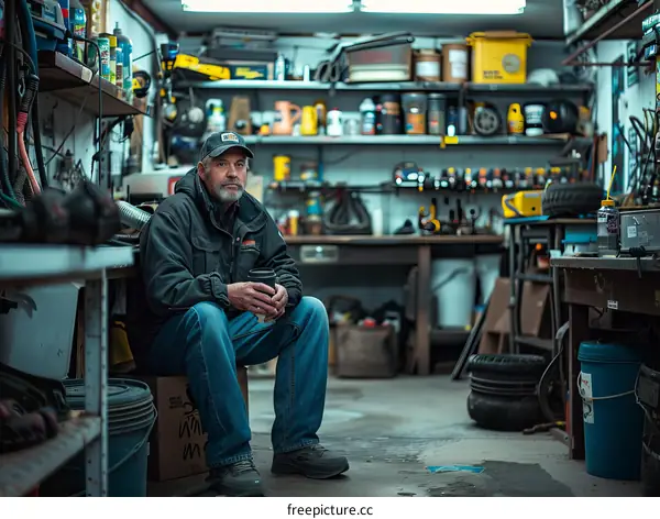 A man is sitting in a garage with a cup of coffee.