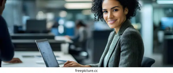 Smiling Businesswoman Working on Laptop in Office