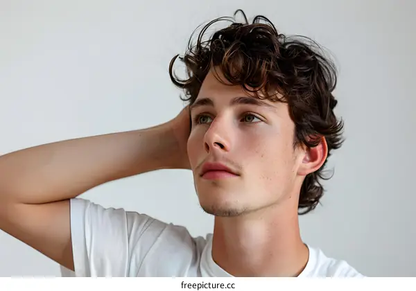Young Man with Curly Hair Looking Up