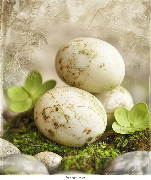 Easter Eggs With Green Leaves and Moss