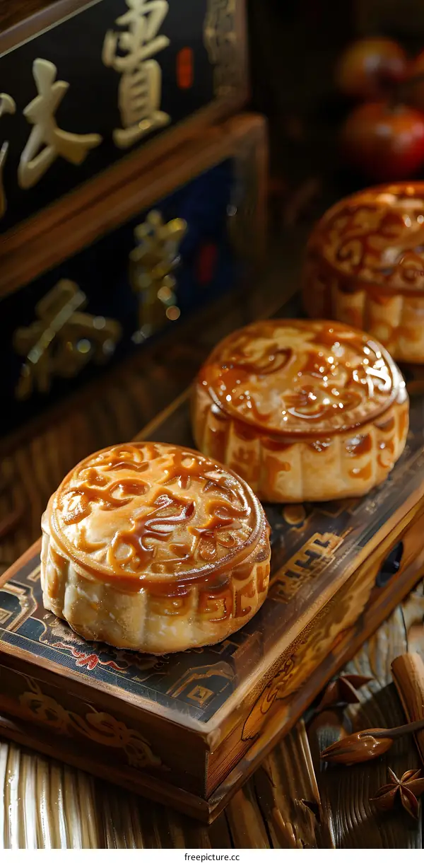 Traditional Chinese Mooncakes on Wooden Tray