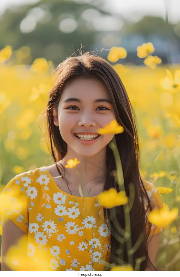 Smiling Asian Woman in a Yellow Dress in a Field of Flowers