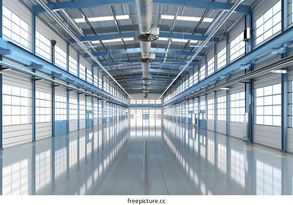 Empty Large Factory Interior with Steel Beams