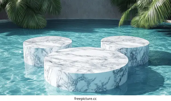 Marble Product Display in Water with Tropical Plants