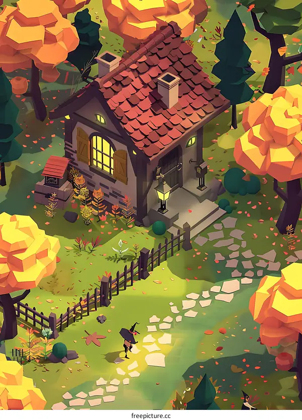 Autumn Forest House with Witch Illustration