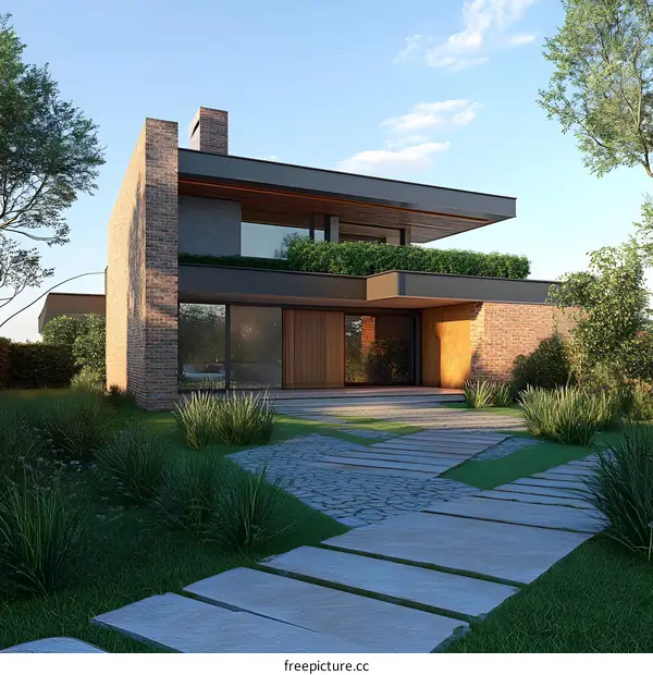 Modern Brick House with Green Landscape