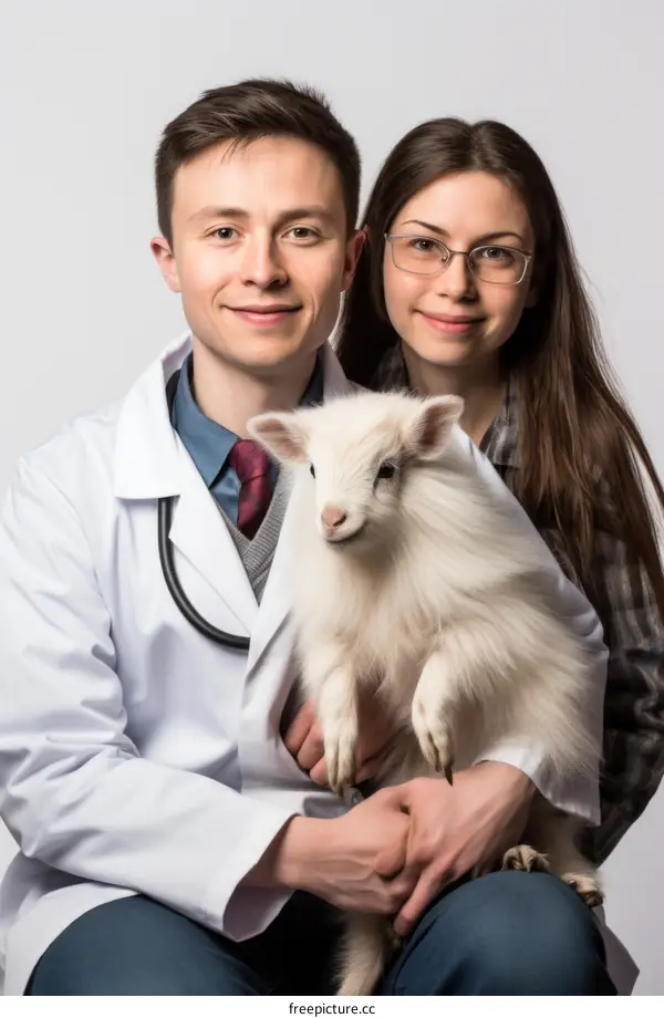 portrait of a young couple smiling and holding a goat