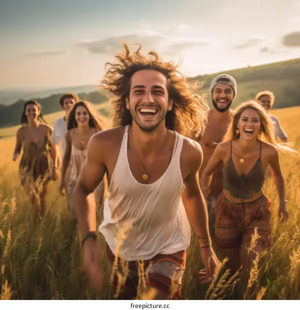 carefree friends frolicking through a grassy field