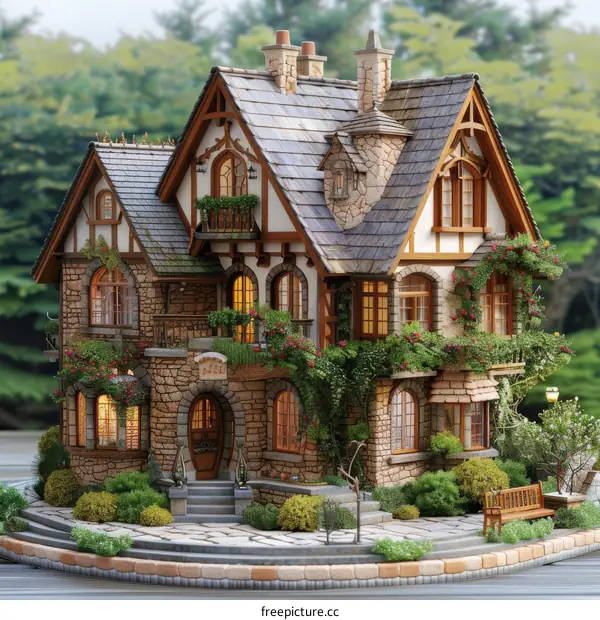 3D rendering of a beautiful stone cottage with a garden