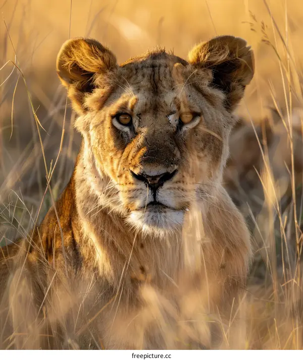 Close-up portrait of a lioness in the savanna