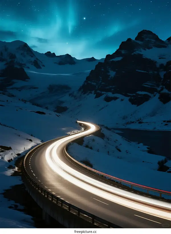 A long winding road with light trails under the Northern Lights