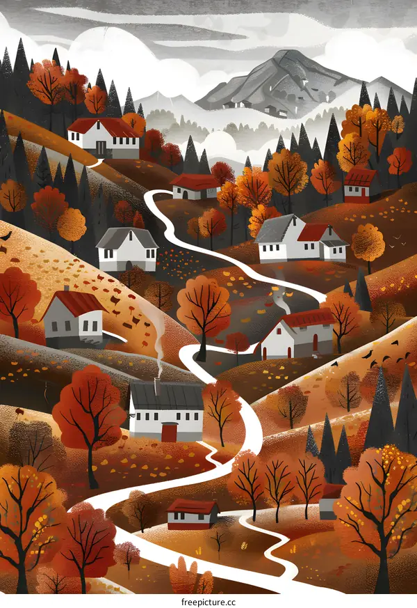 Autumn Village Landscape Illustration