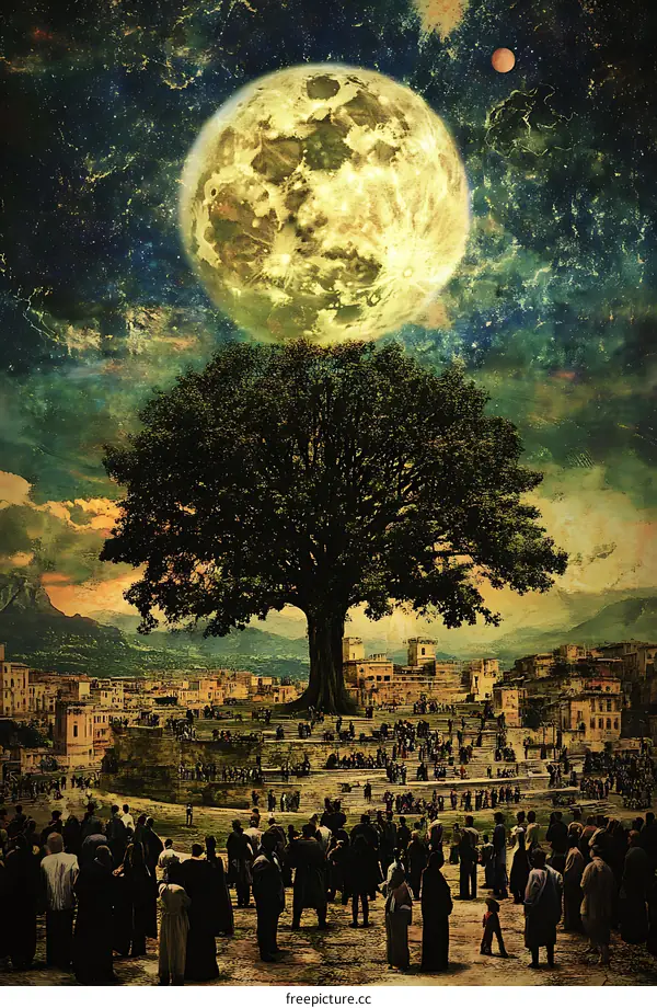 Surreal Tree Under Huge Moon With Crowd Gathering In Front