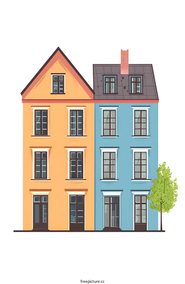 Two Colorful Houses With Doors and Windows