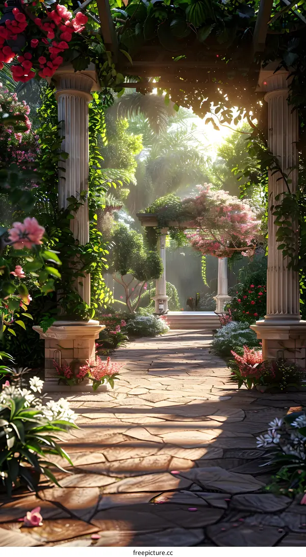 A beautiful garden with a long stone path