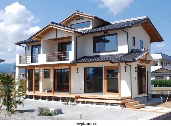 Modern Japanese Style House with Wooden Deck and Garden