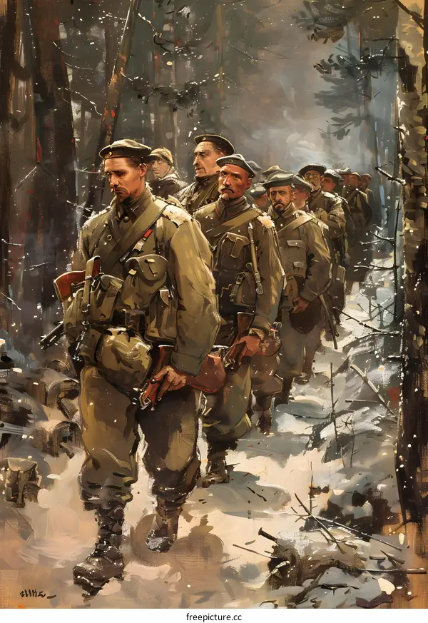 A group of soldiers walking through a snowy forest.