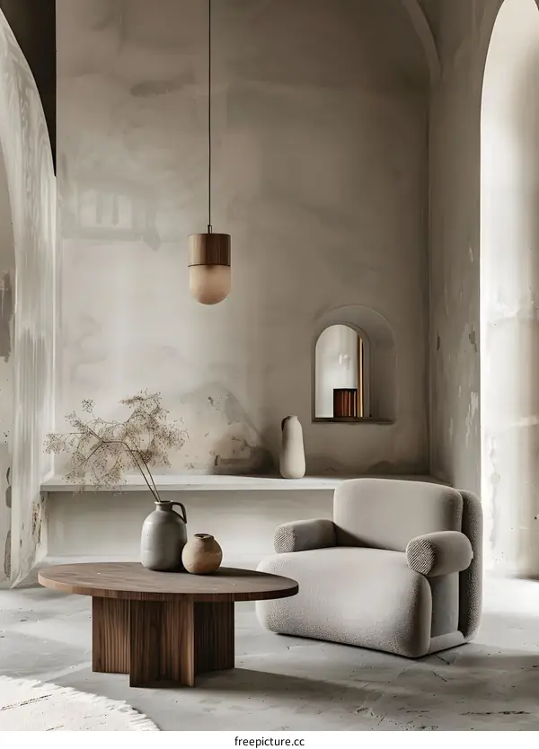 Modern Living Room Interior Design with Wooden Coffee Table and Beige Armchair