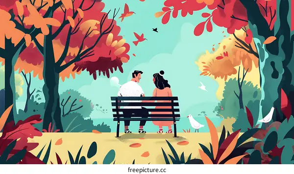 Couple Sitting on a Bench in Autumn Park