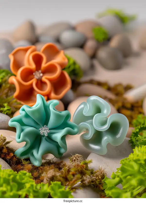 Closeup of Colorful Flowers with Diamond Centerpieces on a Bed of Moss and Stones