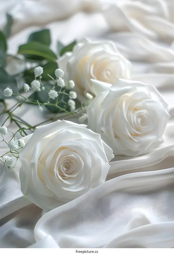 White roses on silk fabric