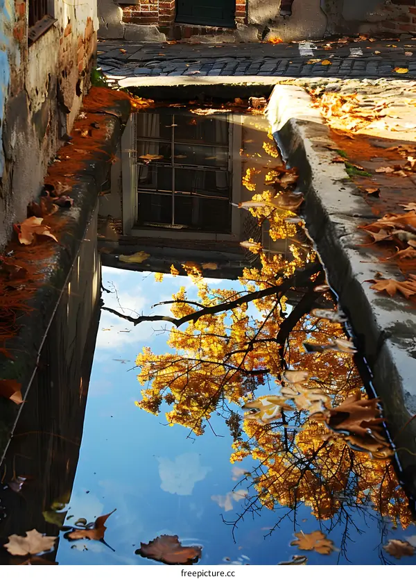Autumn reflection in puddle