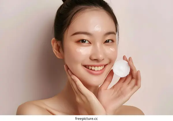 Happy Asian Woman Applying Face Cream