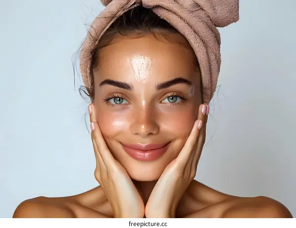 Woman with towel on her head applying face cream