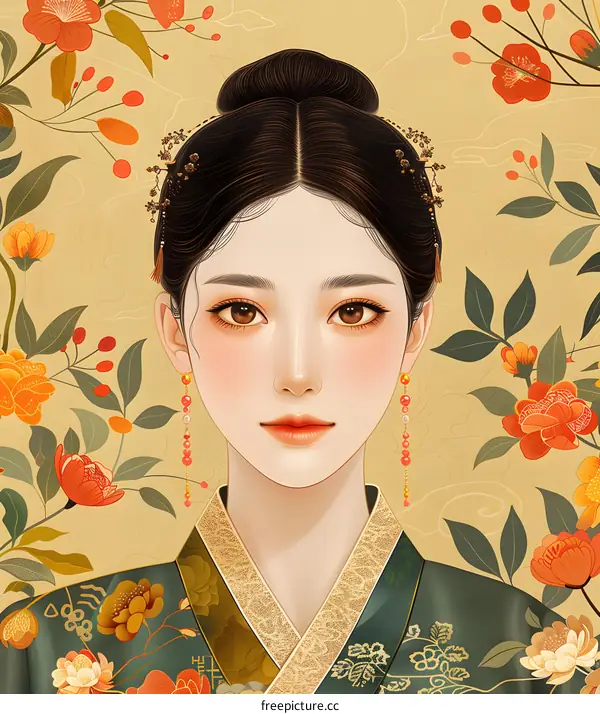 A beautiful illustration of a Korean woman in traditional dress