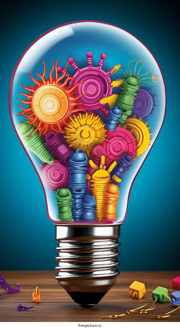 A light bulb with colorful gears and cogs inside