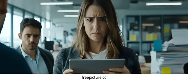 Caucasian Woman Looking at Tablet in Office Meeting