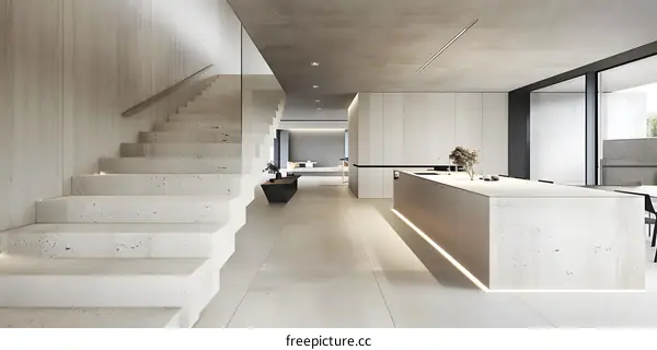 Modern Minimalist Interior Design with Concrete Staircase and Kitchen Island