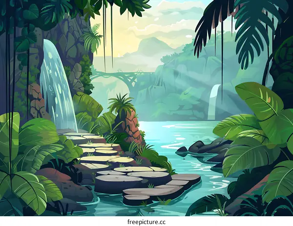 Stone Path Leading To Waterfall In Lush Jungle Landscape