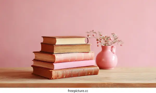 Stack of Vintage Books on a Wooden Table