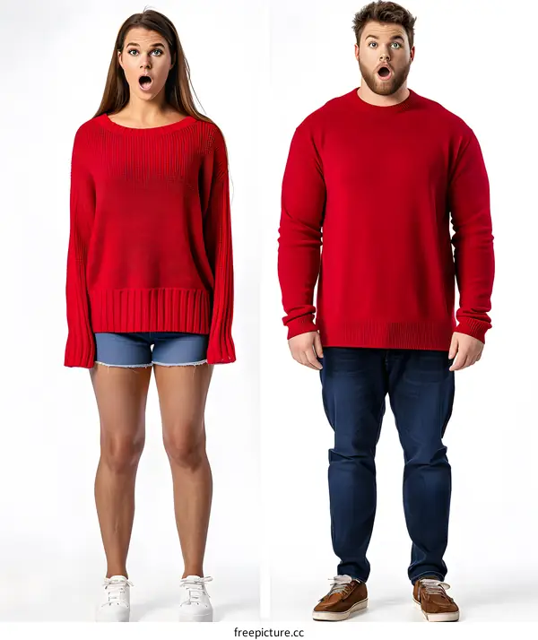 Surprised Couple in Red Sweaters on a White Background