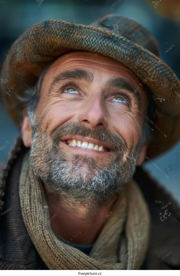 Smiling Mature Caucasian Man Looking Upward