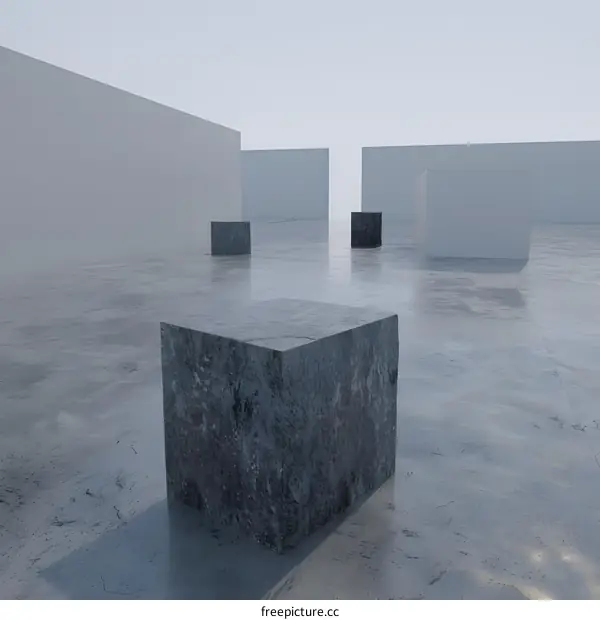Abstract Minimalist Stone Cubes on a Concrete Floor in a White Room