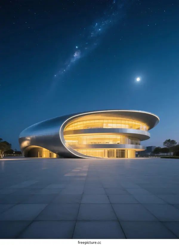 Modern Architectural Building with Curved Design Under Starry Night