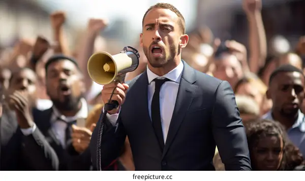 Man in suit speaking through megaphone at protest