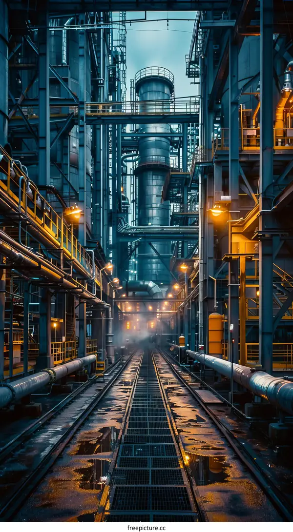 The intricate network of pipes and platforms in an industrial setting