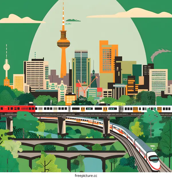 Modern Cityscape With Train Tracks and Green Trees
