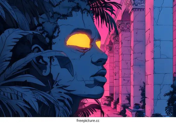 A glowing blue statue of a woman in front of a pink background