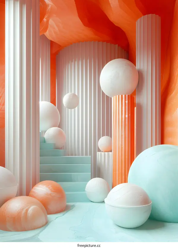 Surreal Interior with Pastel Colors and Floating Spheres