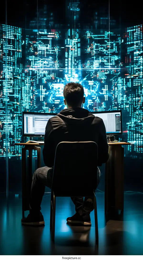 A hacker in a dark room with blue screens