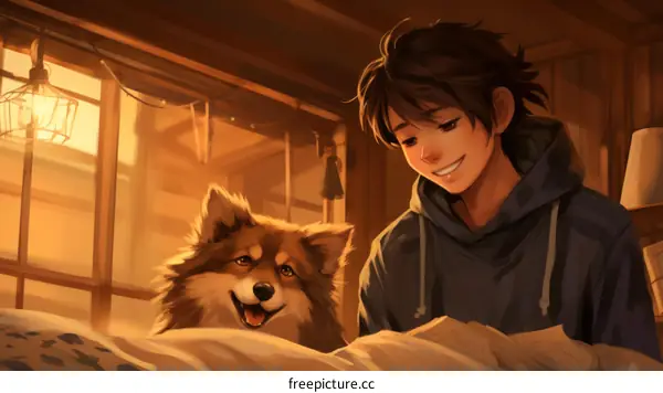 A young boy and his dog read a book together on a bed.