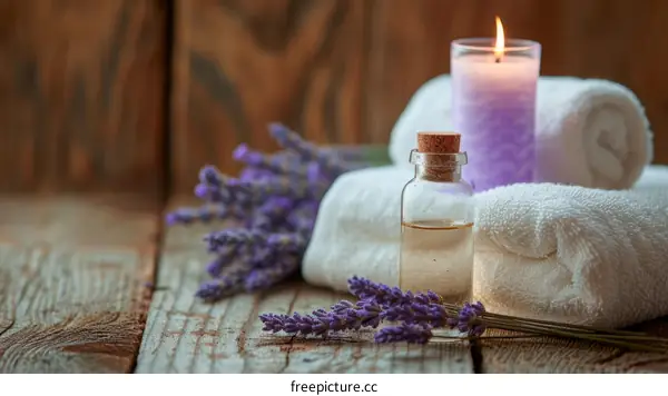 lavender flowers and essential oil with candle and towels