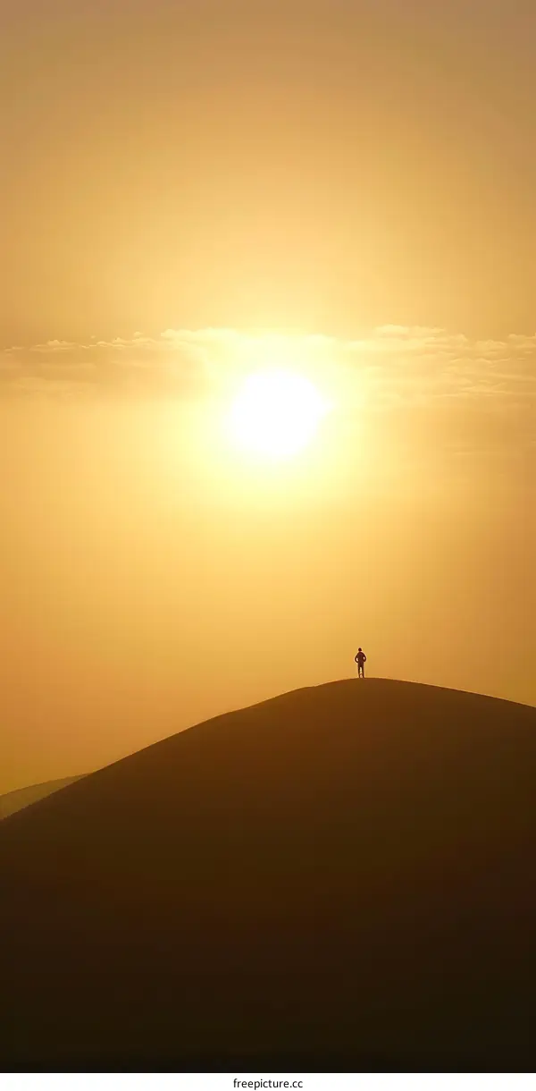 Silhouette of Person Standing on Hilltop at Sunset